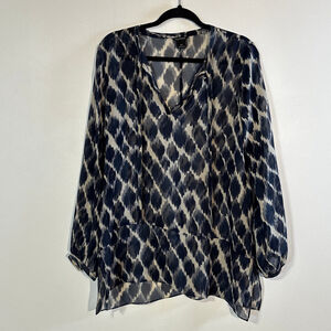 Club Monaco Silk Blue Beige Blouse Women’s Small Sheer Abstract Tie Front